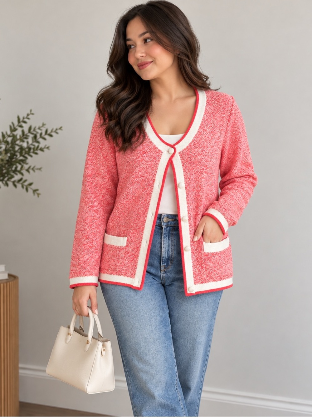 Ch@nel Inspired Cotton Fall Sweater Open-Front Cardigan with Contrast Trim
